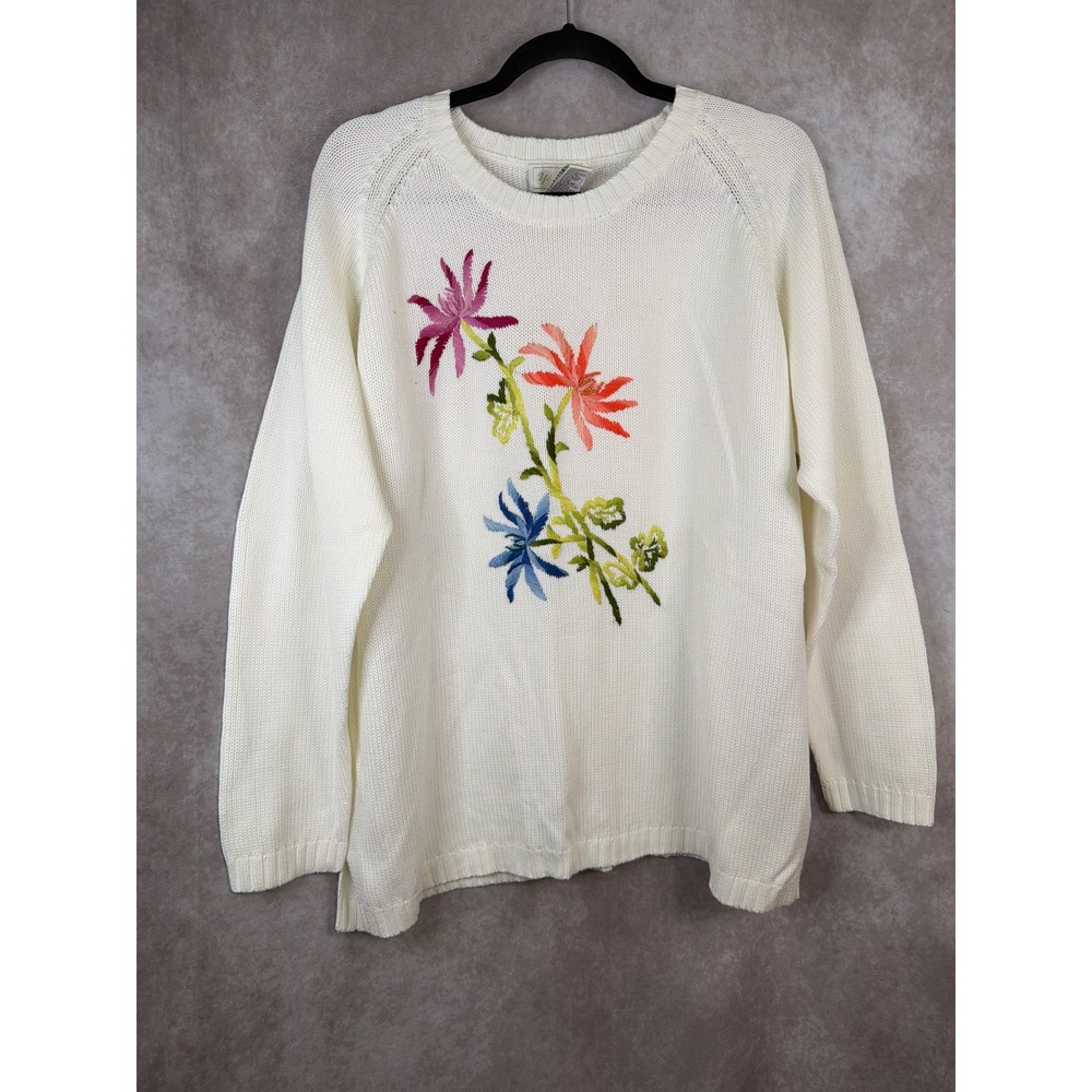 NWOT‎ Yi Lin Womens Embroidered & Beaded Floral Knit Sweater Size Large White